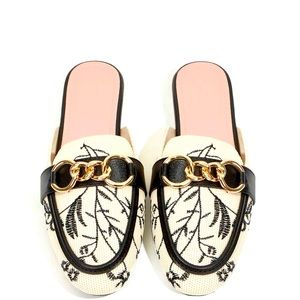 Chain Decor Floral Embroidered Flat Mules